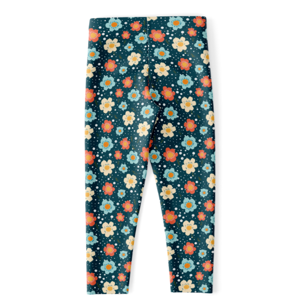 Blue Flower Power Capri Leggings flat lay yellow blue orange flowers on a dark blue background