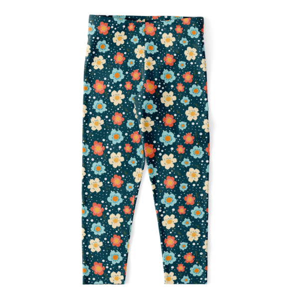 Blue Flower Power Capri Leggings flat lay yellow blue orange flowers on a dark blue background