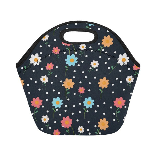 Neoprene lunchbag with coloured daisies on a white background