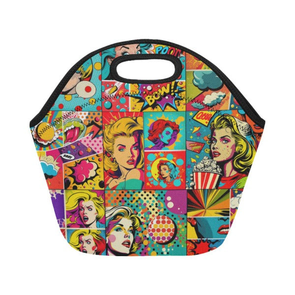 popart ladies graphic arts patterned lunchbag on a white background
