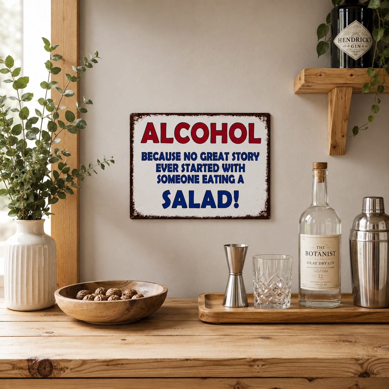 Home bar setup with gin bottles, a sign about alcohol and salads, and decorative items on a wooden surface.