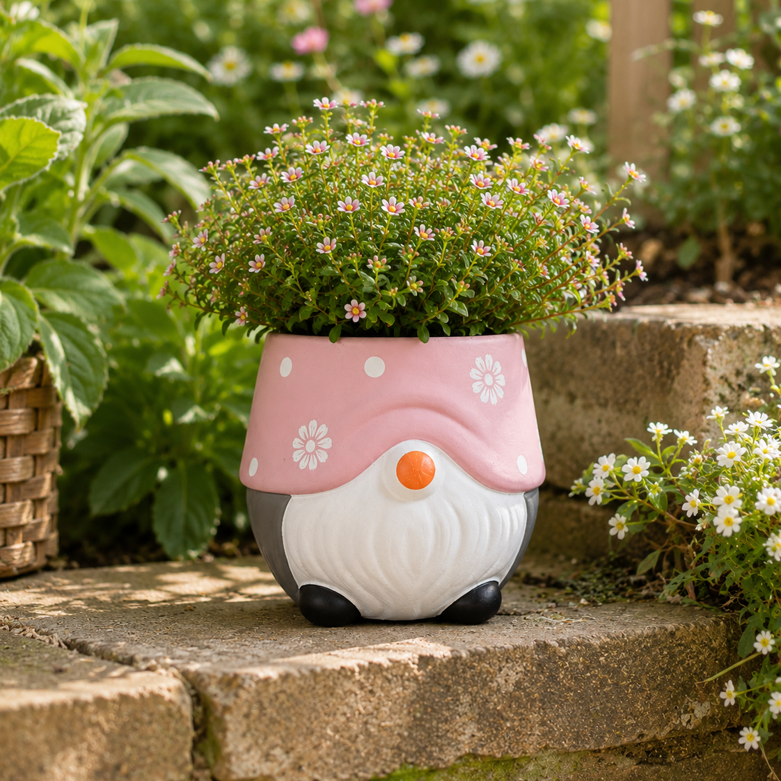 Pink gnome concrete planter displayed outdoors with a small flowering plant