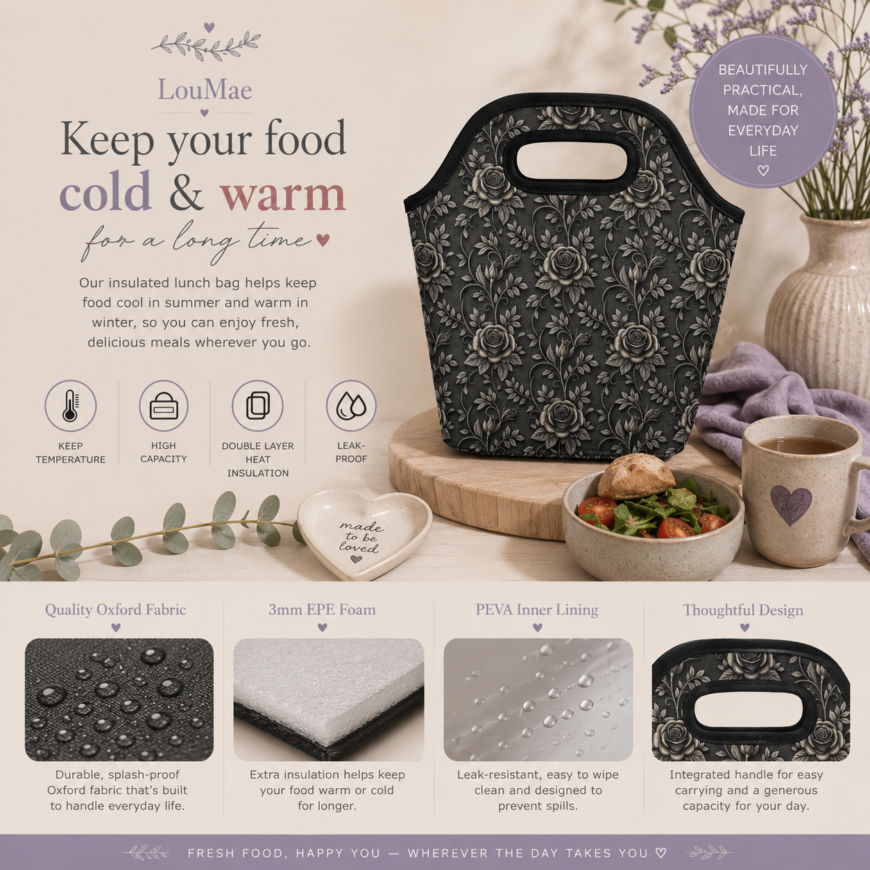 A black and white floral patterned insulated lunch bag by LouMae, displayed on a wooden board with a bowl of salad, a cup, and decorative props on a beige tabletop. The image includes marketing text, fabric and lining specs
