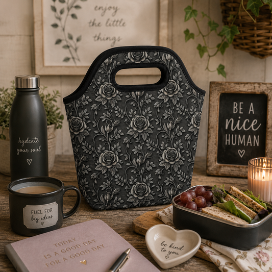 A dark gray insulated tote bag with a gray floral rose pattern, styled on a wooden table with a black water bottle, a black coffee mug, a bento box with sandwiches and grapes, and decorative signs.