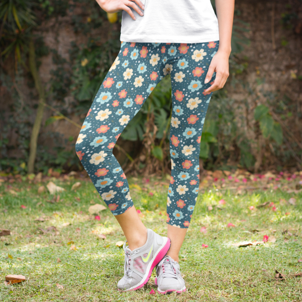 Flower Power Capri Length Leggings Blue variant on a model