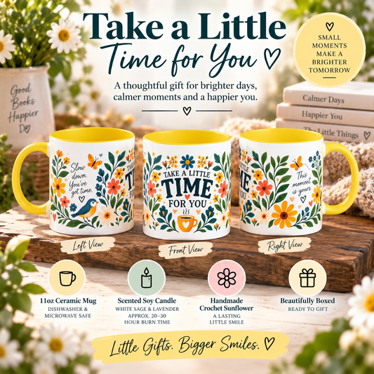 Three views of a ceramic mug with a floral pattern and the text 'Take a Little Time for You' on a wooden surface, surrounded by gift boxes, books, and small text callouts describing the mug's features.