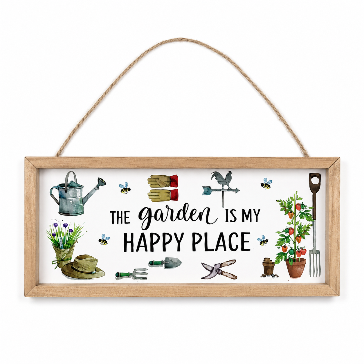 A rectangular wooden hanging sign with a rope handle, featuring the phrase 'THE garden IS MY HAPPY PLACE' in black script and bold text, surrounded by watercolor-style gardening illustrations including a watering can, gloves, weasel, bees, hat, trowel, plant, and fork, on a white background.