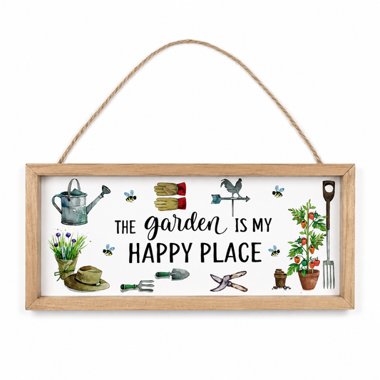 A rectangular wooden hanging sign with a rope handle, featuring the phrase 'THE garden IS MY HAPPY PLACE' in black script and bold text, surrounded by watercolor-style gardening illustrations including a watering can, gloves, weasel, bees, hat, trowel, plant, and fork, on a white background.