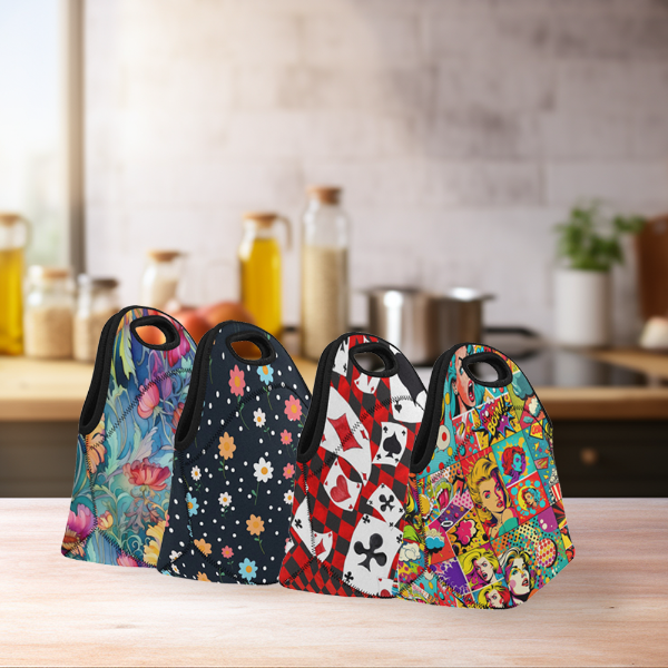 set of 4 patterned lunchbags on a kitchen counter