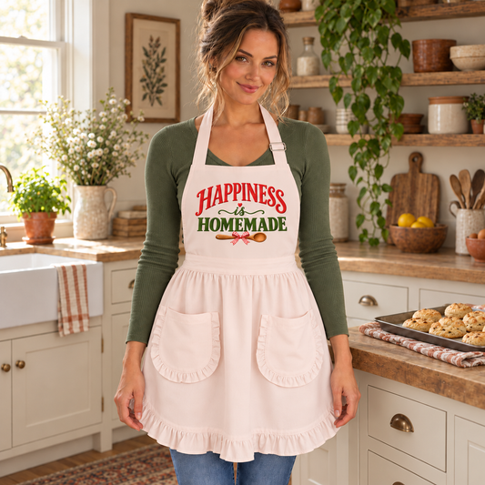 A woman wearing a cream-colored apron with 'Happiness Homemade' printed on the chest, standing in a cozy, sunlit kitchen with white cabinets and wooden countertops.