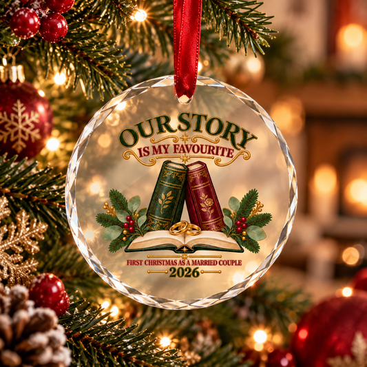 A round faceted clear glass Christmas ornament hanging from a red ribbon on a decorated Christmas tree. The ornament features printed artwork of two open books with gold rings and the text 'OUR STORY IS MY FAVOURITE' and 'FIRST CHRISTMAS AS A MARRIED COUPLE 2026'.