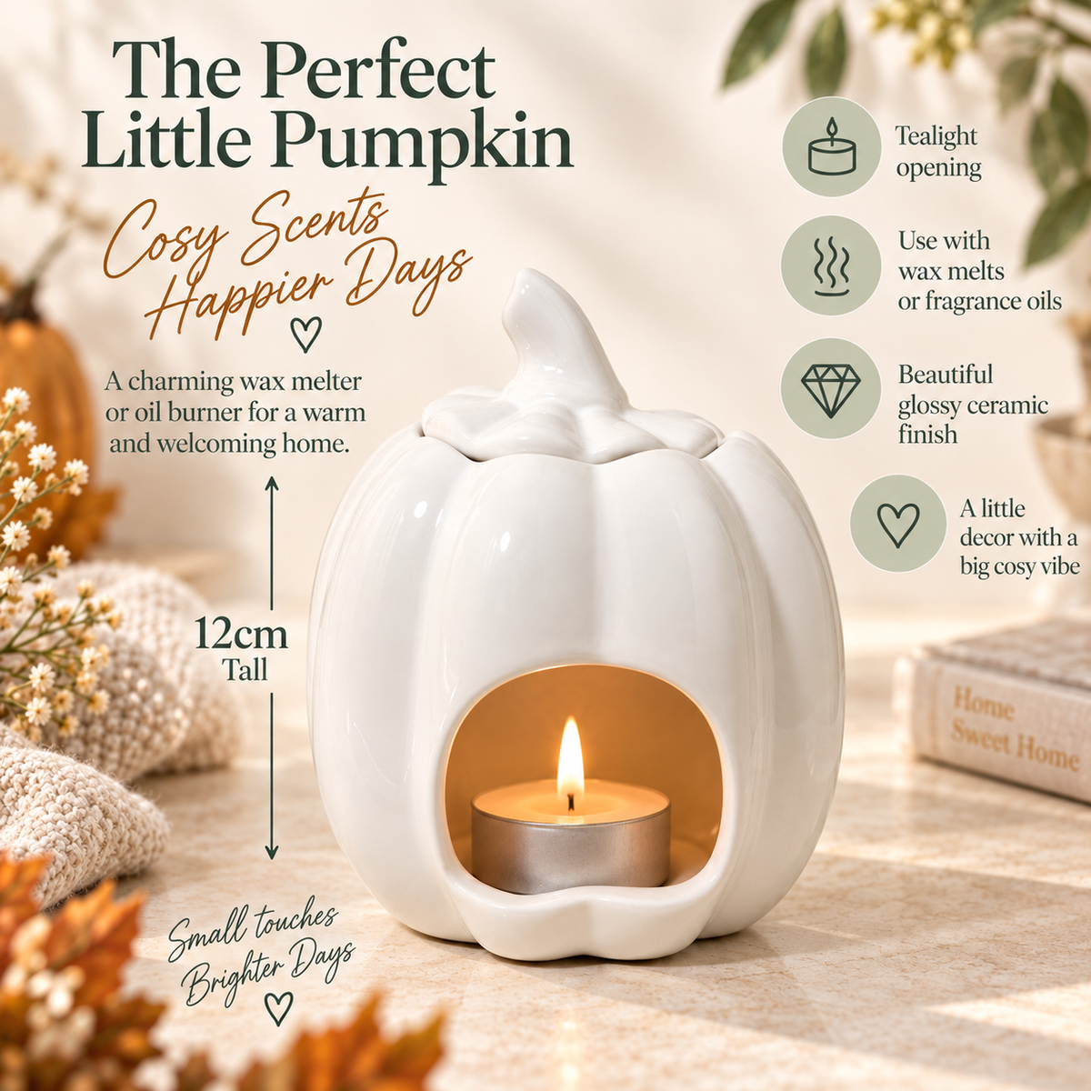 A white glossy ceramic pumpkin-shaped candle holder with a lit tealight candle inside, shown on a warm beige surface with autumn decor and text callouts describing cozy scented use and dimensions.