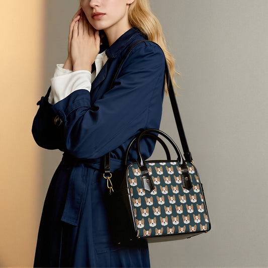 Woman holding a handbag with dog pattern against a neutral background