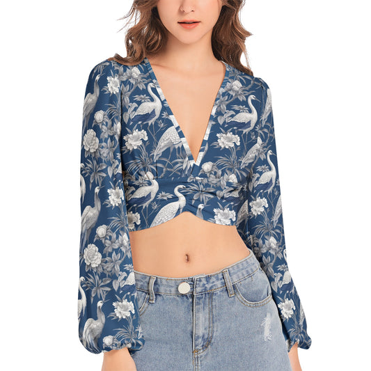 Women's Deep V-Neck Lantern Sleeve Crop Top