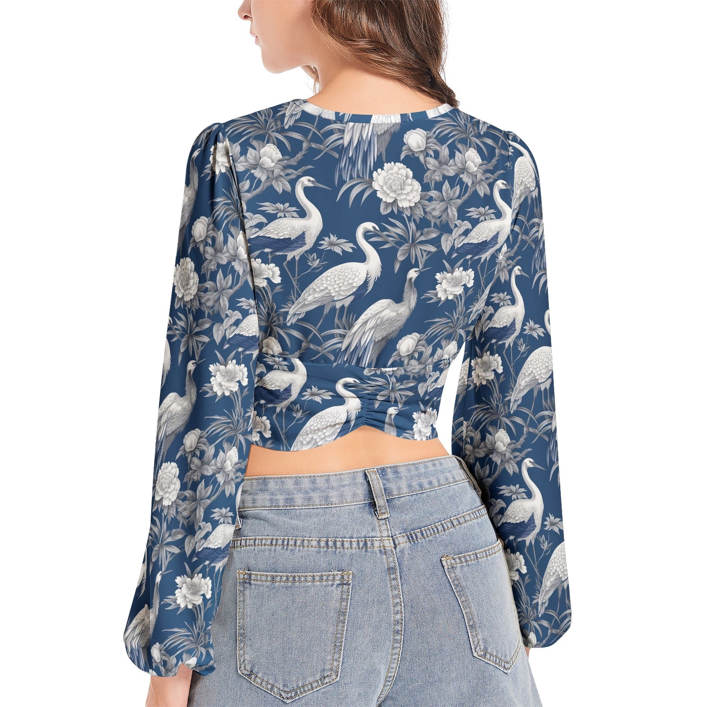 Women's Deep V-Neck Lantern Sleeve Crop Top