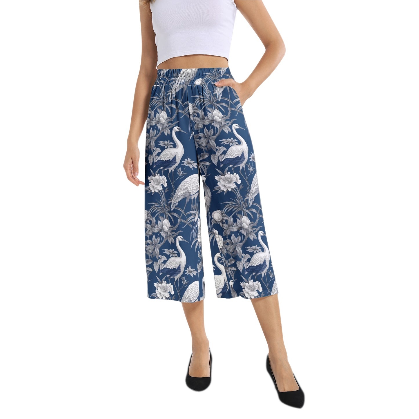 Elastic Waist Capris Wide Leg Pant