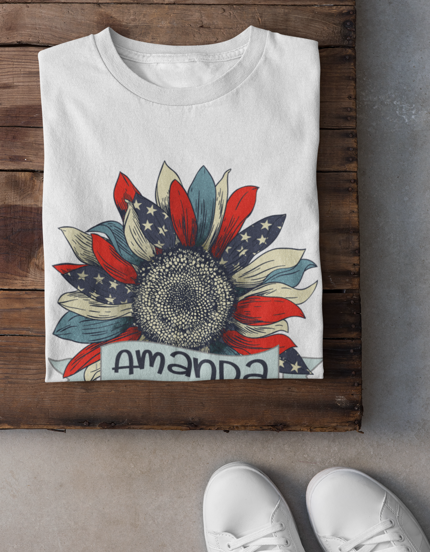 White Folded USA Flag Sunflower