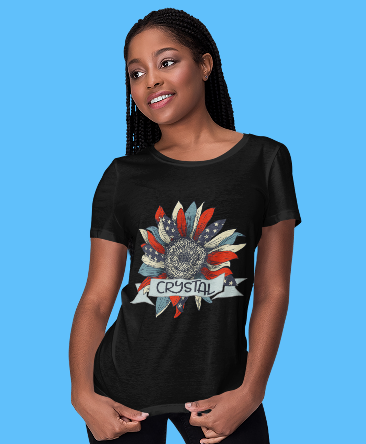 Black customise t-shirt USA Flag Sunflower