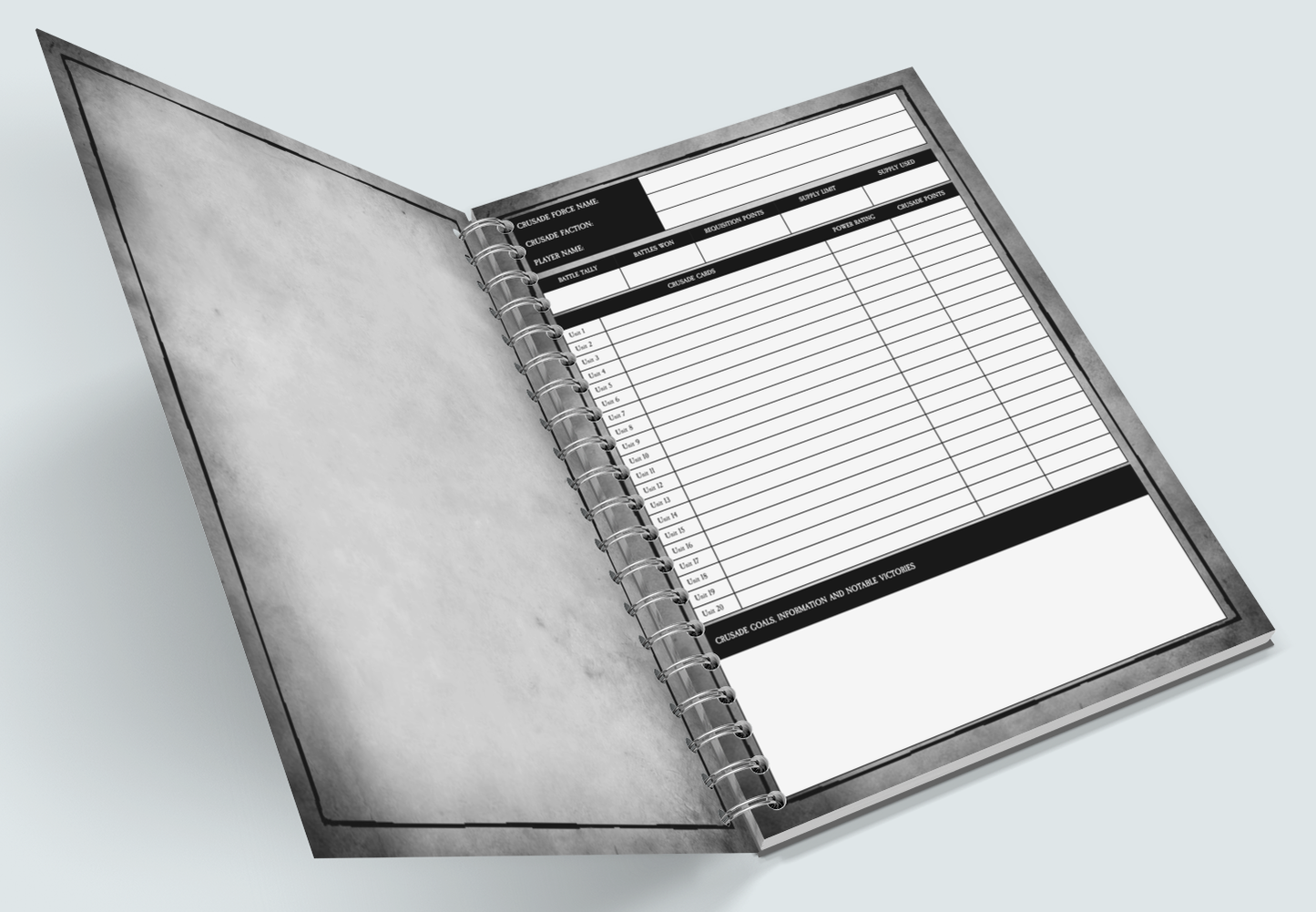 flat lay internal page display of a spiral bound crusade journal showing two game record pages