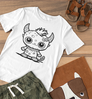 white crew neck t-shirt with a little monsta graphic in a flat lay display