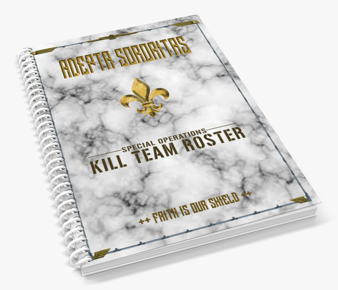 Adepta Sororitas Special Operations Kill Team Roster Faith is our Shield coil spiral bound journal flat lay on a white surface