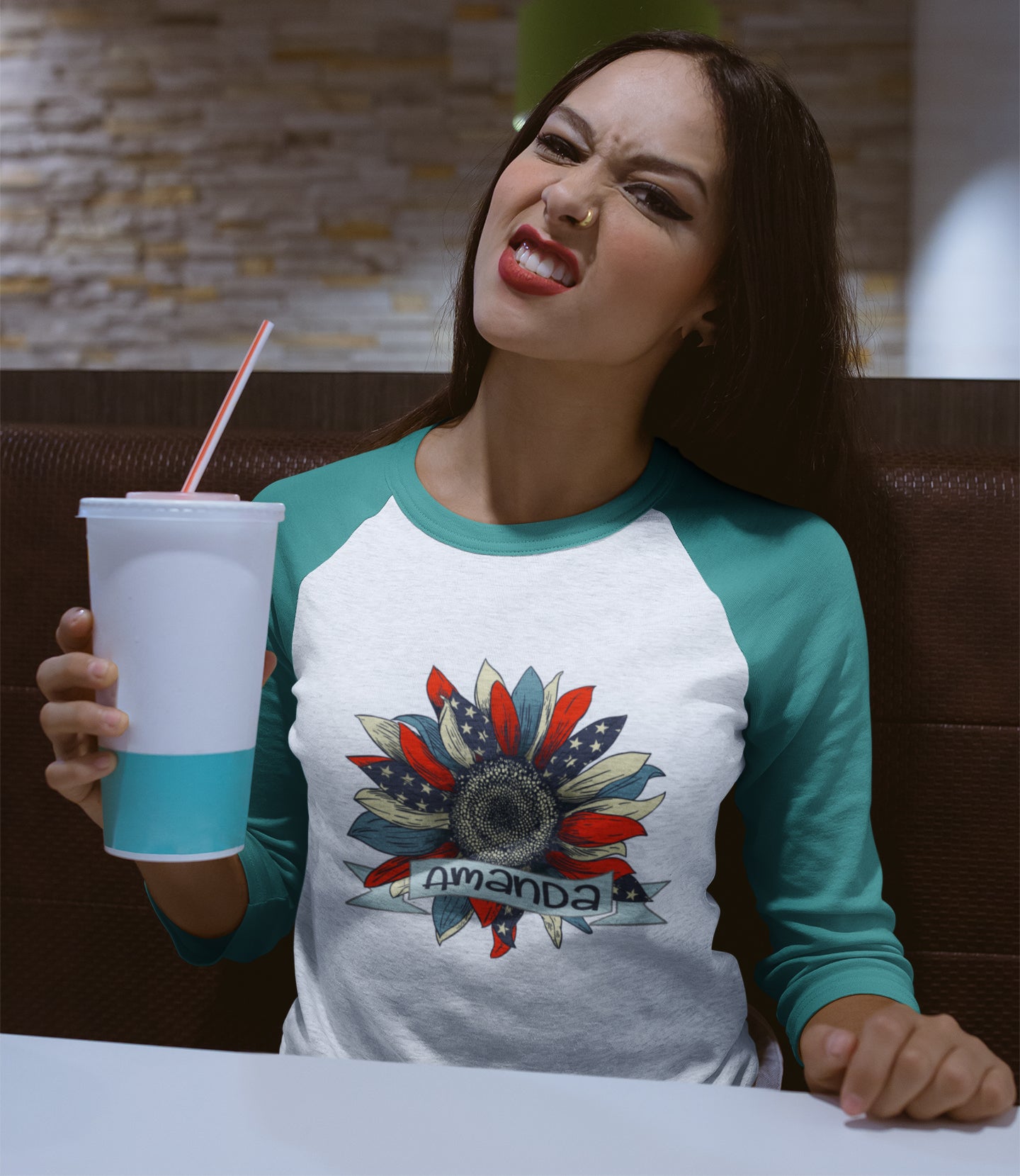 Customise It | Raglan Long Sleeve Shirt | American Flag Sunflower