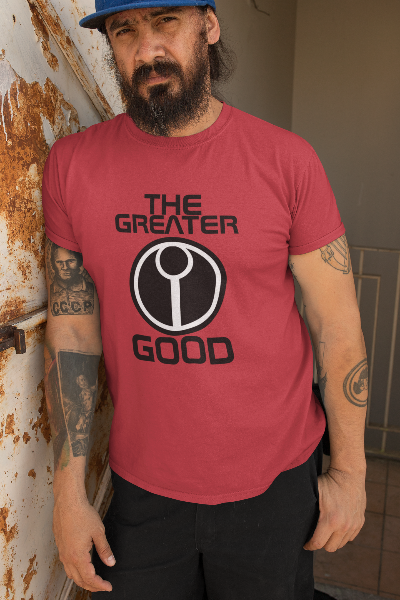 Bearded Man wearing a Cardinal Red Tau Greater Good Tshirt