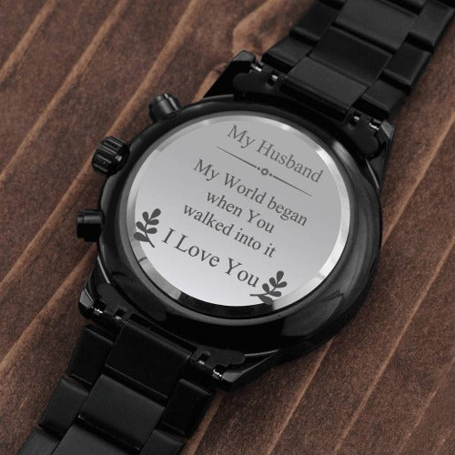 Close up loving engraved message on watch