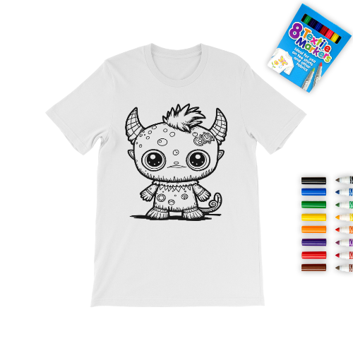flat lay graphic little monsta t-shirt with textile pens