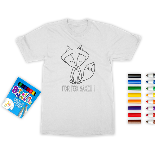 childrens flatlay t-shirt with fox design and textile markers