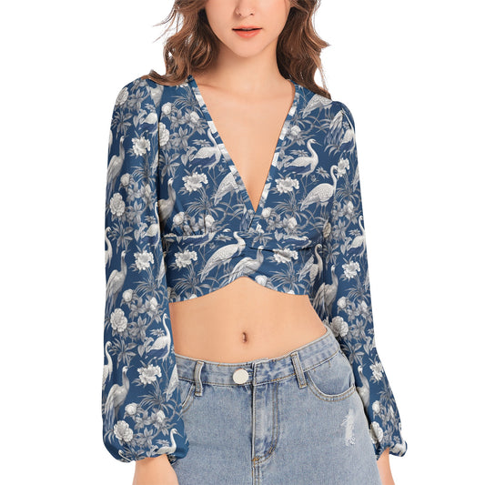 Women's Deep V-Neck Lantern Sleeve Crop Top