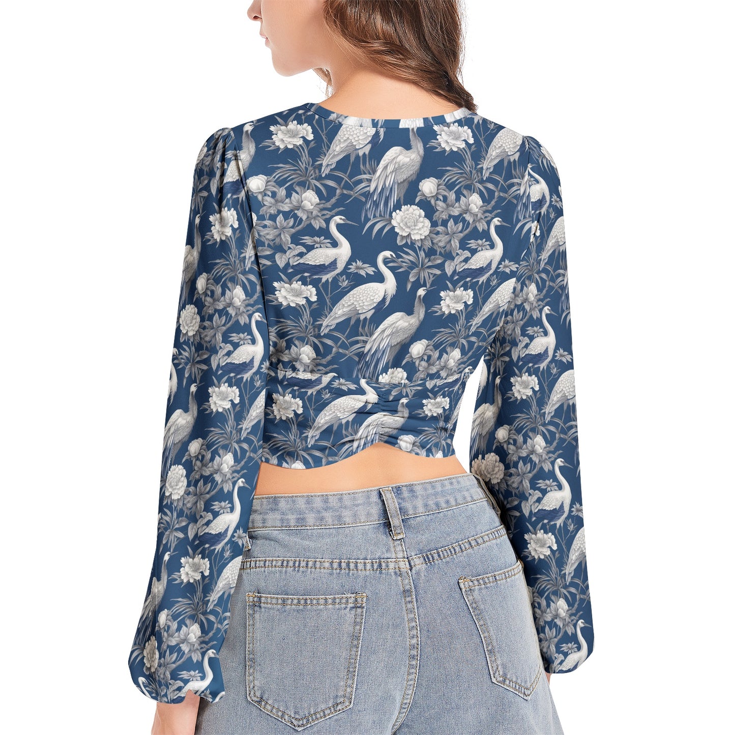 Women's Deep V-Neck Lantern Sleeve Crop Top