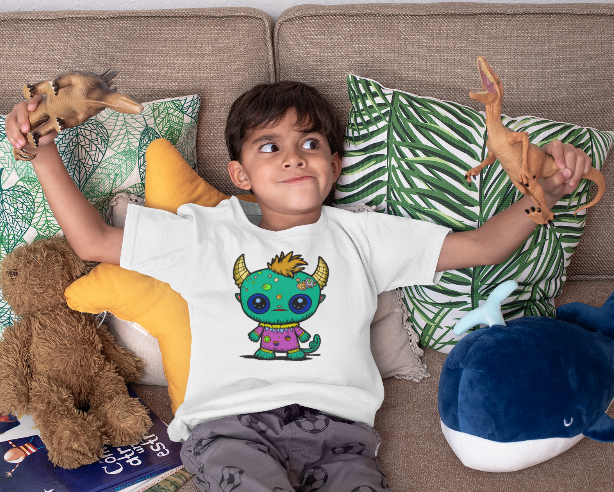 boy wearing coloured little monsta t-shirt playing with dinosaurs on a sofa