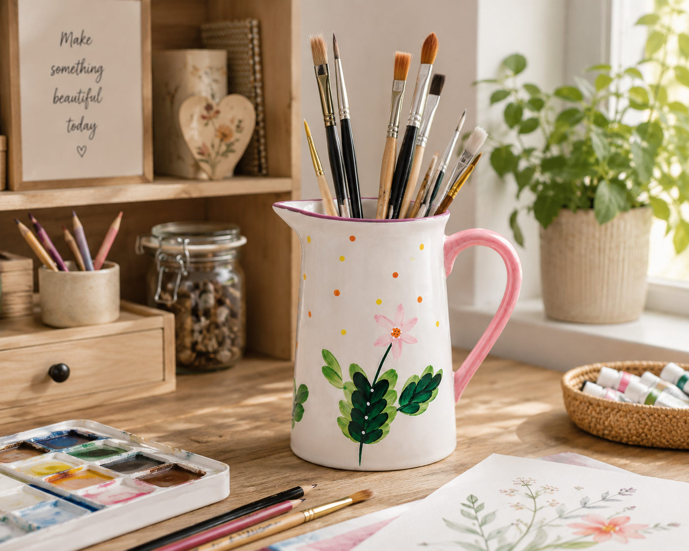Hand Painted Floral Jug Vase – Colour Handle Design