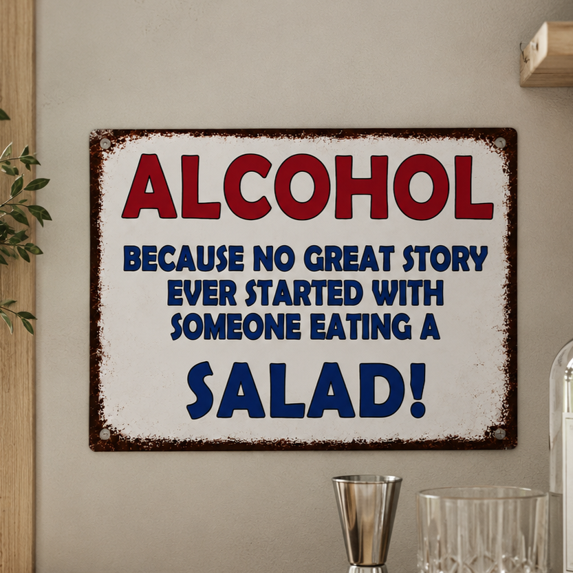 Funny Alcohol & Salad Aluminium Bar Sign