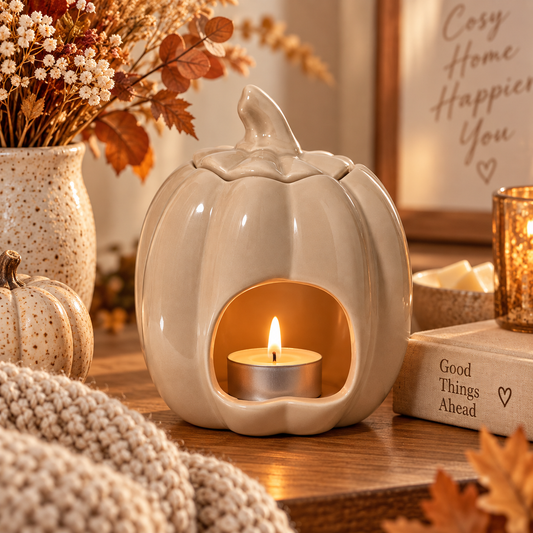 The beige pumpkin burner on a natural oak side table with a folded oatmeal throw, a small vase of dried foliage and a closed book. Soft late-afternoon light. The pumpkin is the clear focal point