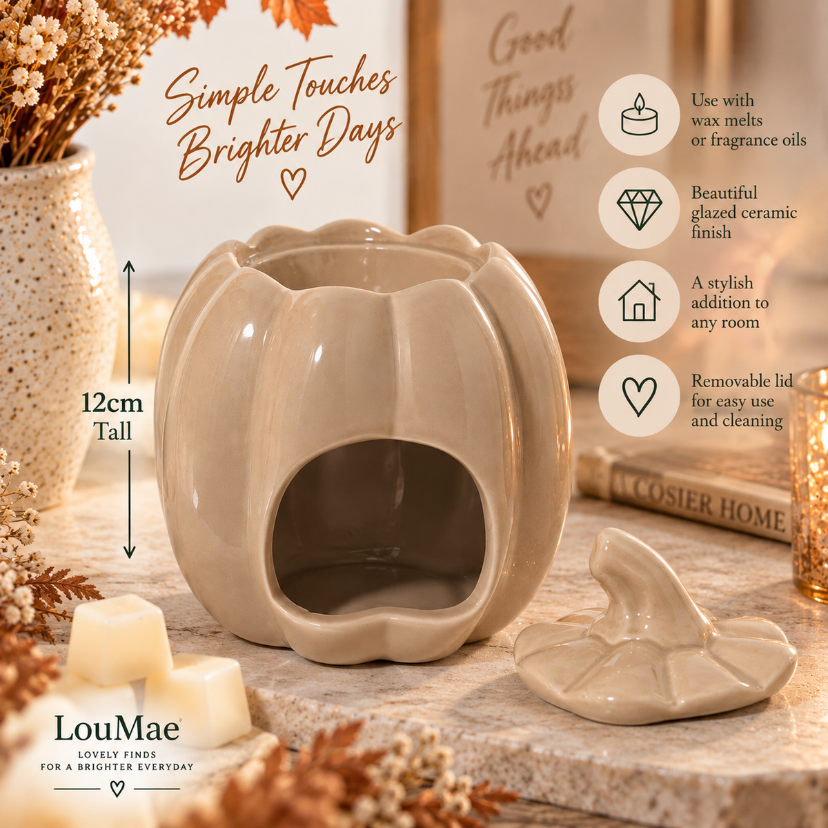The beige pumpkin burner on a natural surface with dimension and product details from LouMae