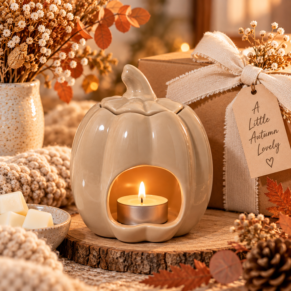 A ceramic pumpkin-shaped candle holder with a lit tealight candle inside, styled on a rustic wood slice with autumn leaves, dried flowers, and a gift box in the background.