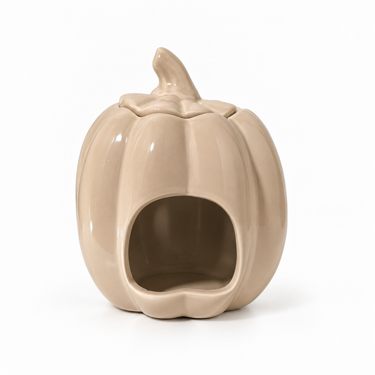 A glossy ceramic pumpkin-shaped pet house in a warm beige color, featuring a carved-out opening on the front and a small stem on top, set against a plain white background.