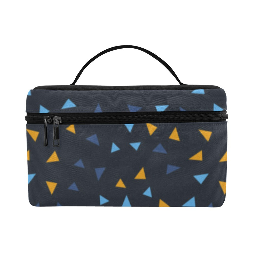 A rectangular zippered pouch or small bag with a black top handle, featuring a dark charcoal background with scattered blue and yellow geometric triangle patterns, shown on a plain white background.