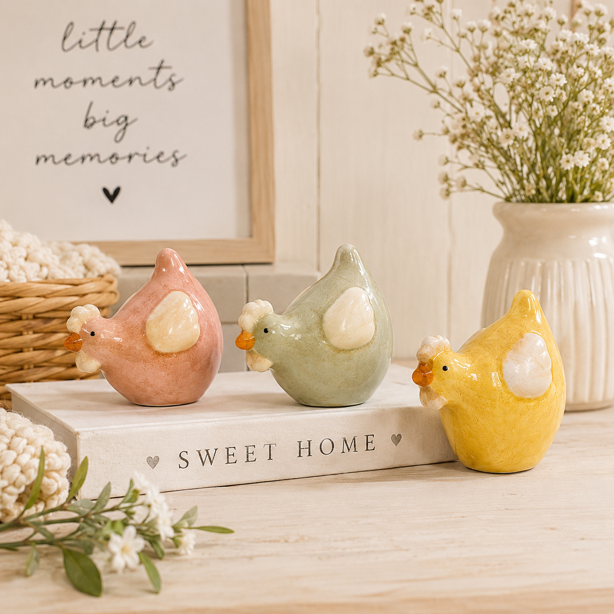 Pastel Ceramic Hen Ornament – Pink, Sage Green or Yellow