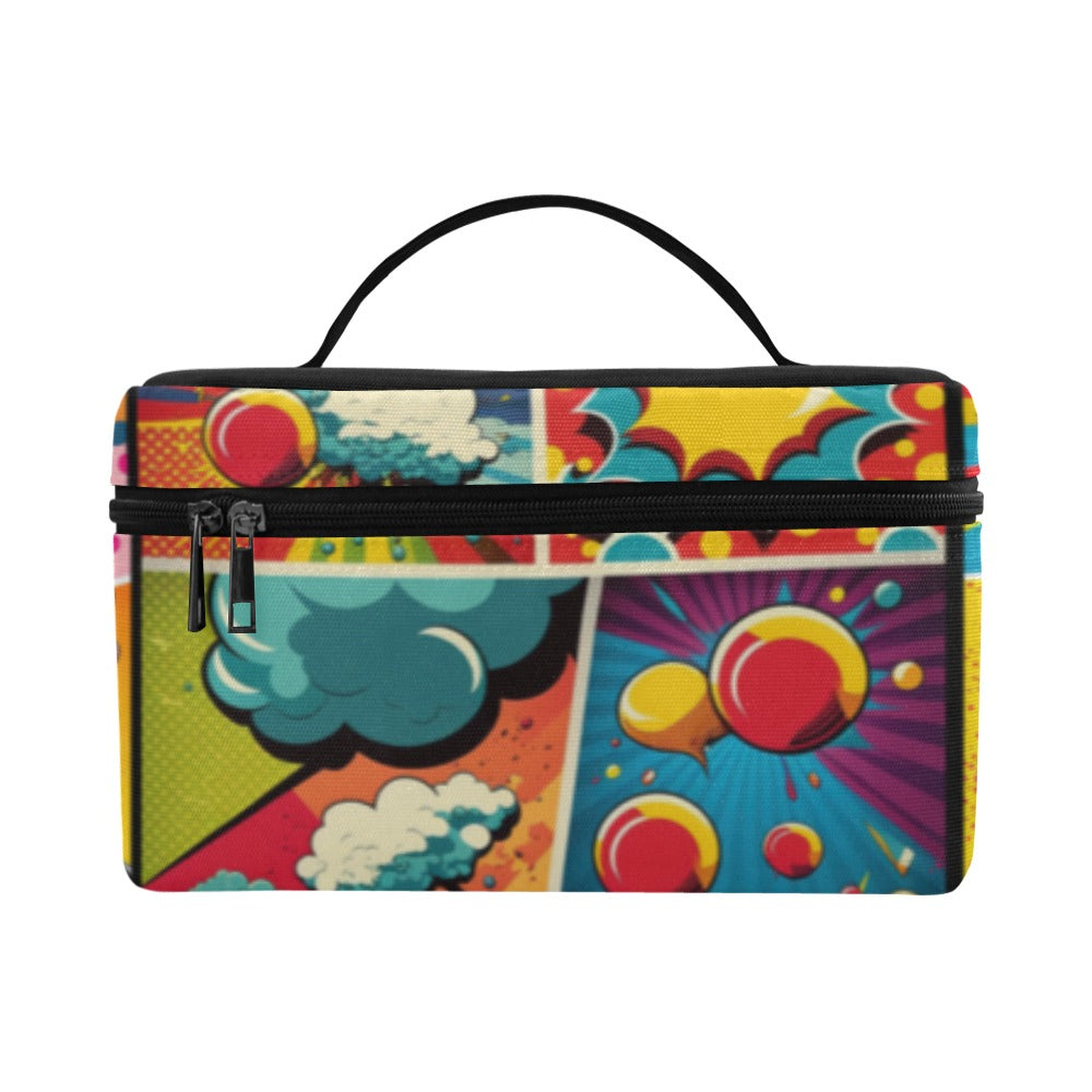 A rectangular zippered pouch with a black top handle, featuring a colorful comic book style print with pop-art clouds, stars, and circles in red, yellow, blue, teal, and orange on a white background.