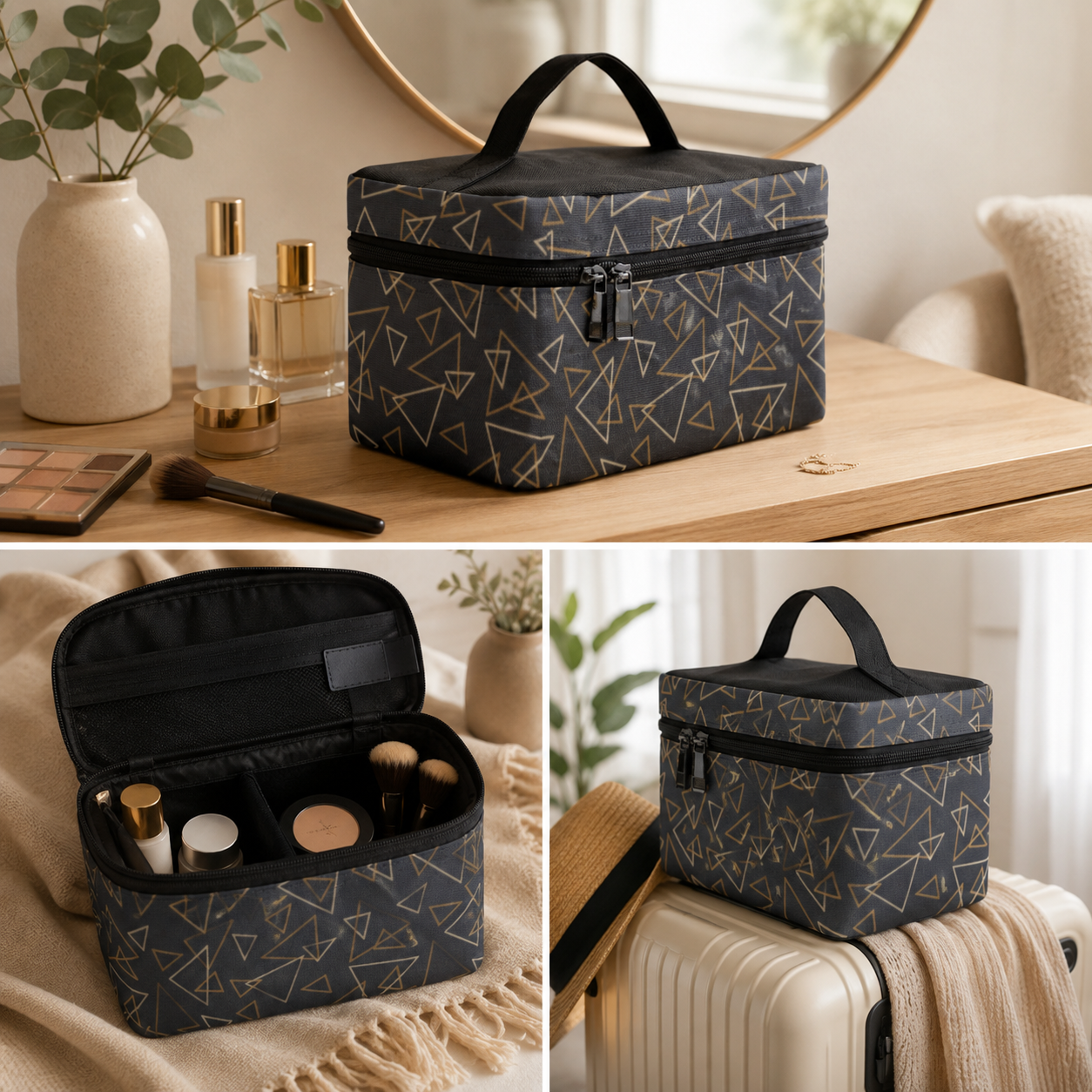 A cosmetic bag organizer shown in three lifestyle settings: on a wooden table with beauty items, open to show makeup compartments, and resting on a suitcase with a blanket.
