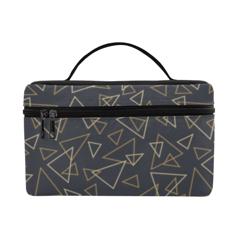 A rectangular zippered case with a black top handle, featuring a dark gray and black background with a geometric pattern of outlined gold triangles.