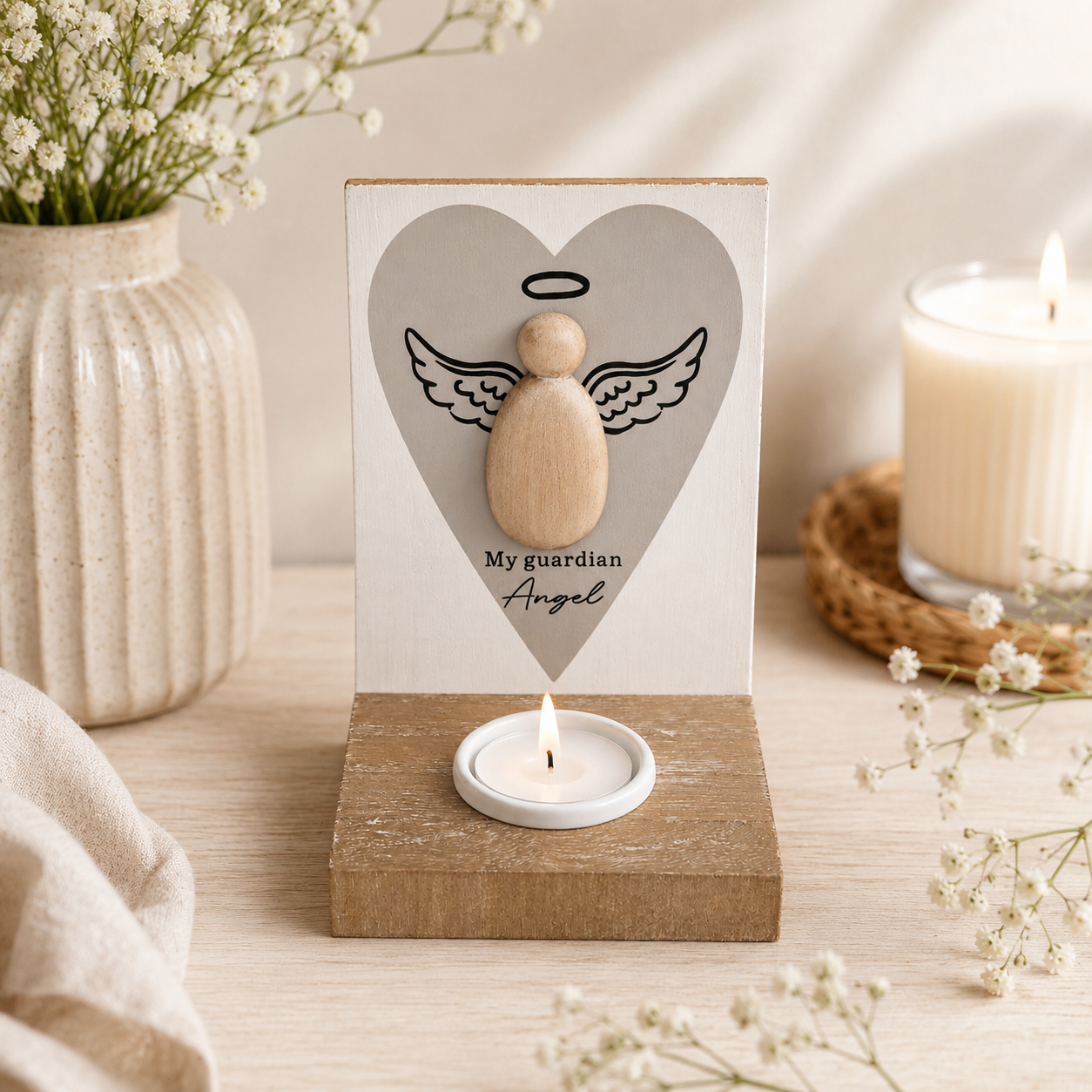 Guardian Angel Wooden Tealight Holder
