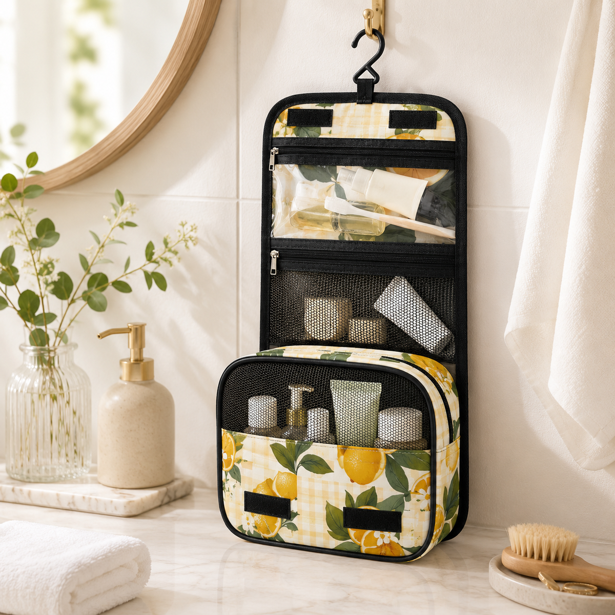 A hanging toiletry organizer bag with a yellow and white gingham pattern and lemon print, shown filled with bathroom items in a bright bathroom setting.