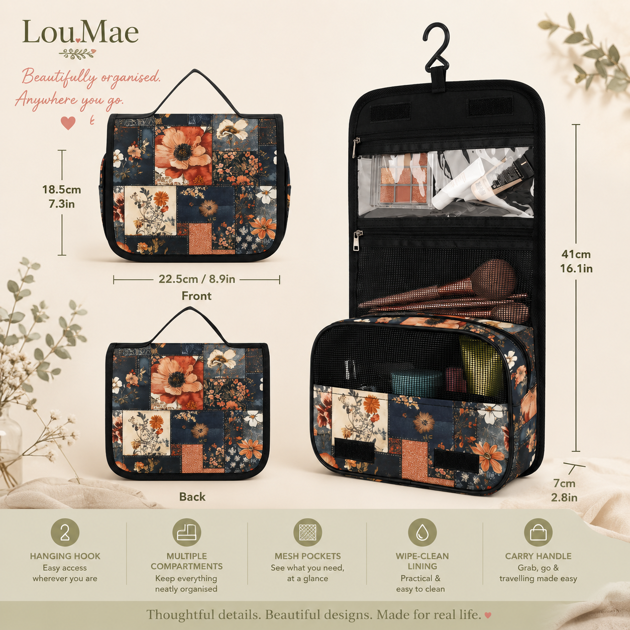 hanging toiletry bag showing dimensions of 22.5cm wide, 18.5cm high when closed and 41cm high when fully open.