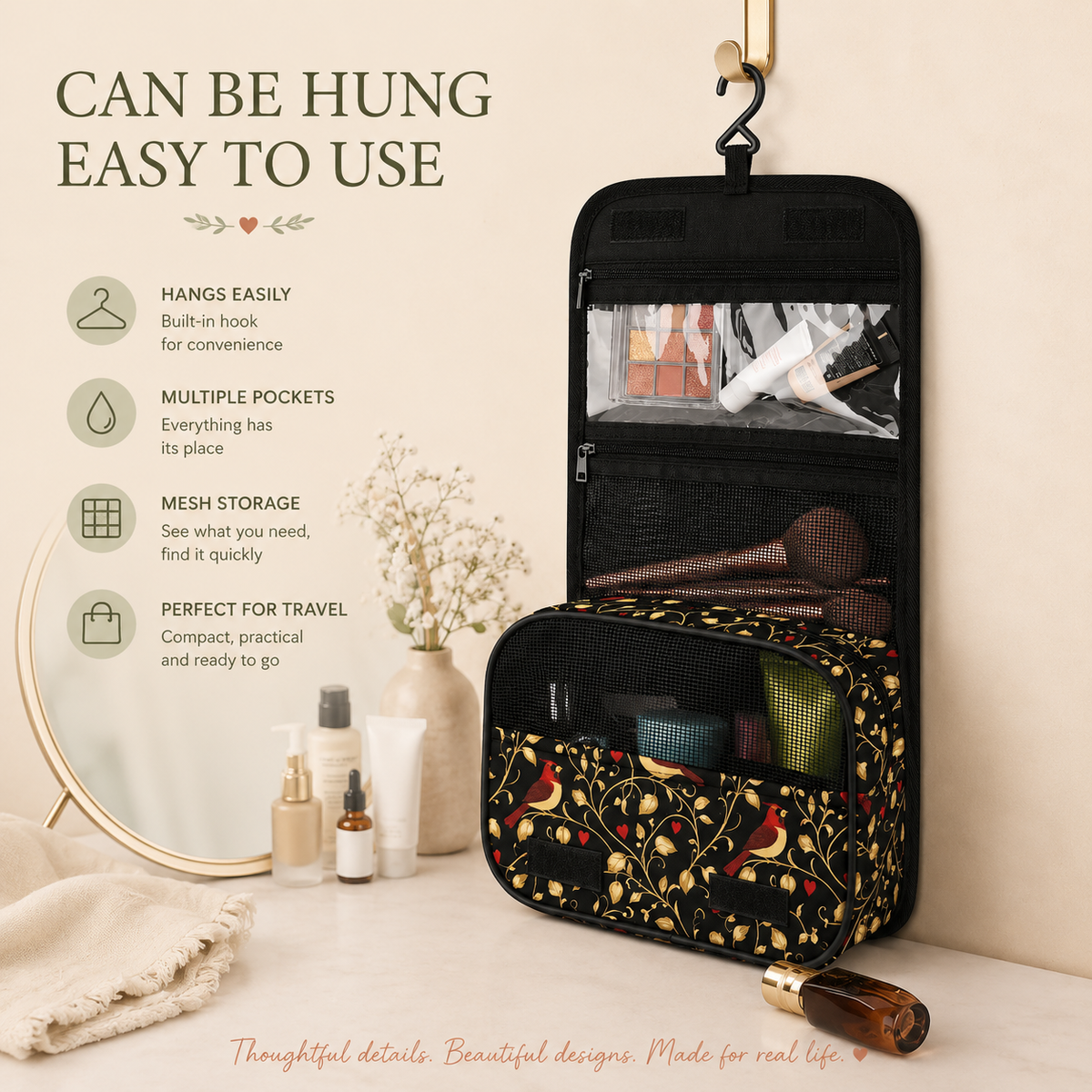 Open hanging toiletry organiser showing clear wet storage, mesh compartments, dry storage pockets and built-in hanging hook.