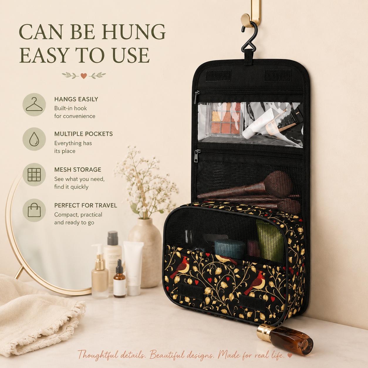 Open hanging toiletry organiser showing clear wet storage, mesh compartments, dry storage pockets and built-in hanging hook.