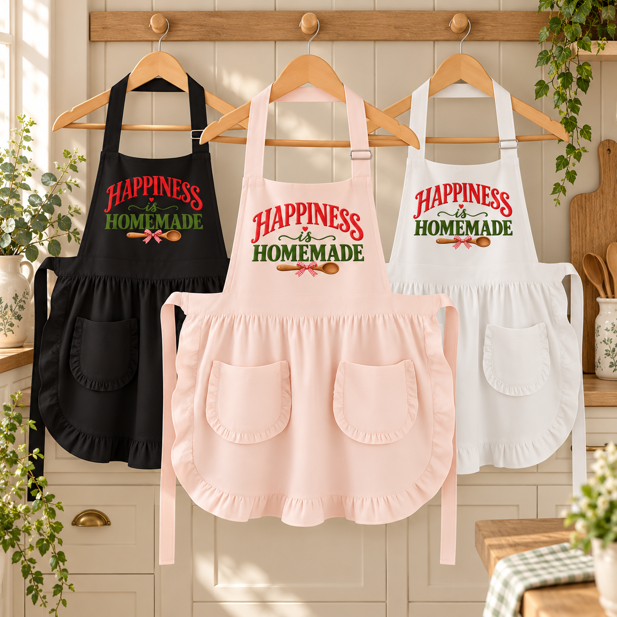 Three aprons hanging on wooden hangers in a bright kitchen setting. The aprons are black, light pink, and white, each featuring the text 'HAPPINESS is HOMEMADE' in red and green with a small wooden spoon graphic.
